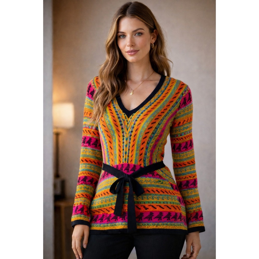 Cynthia Rowley Sweater V Neck Long Sleeve Tie Waist Bird Aztec NWT Womens Large
